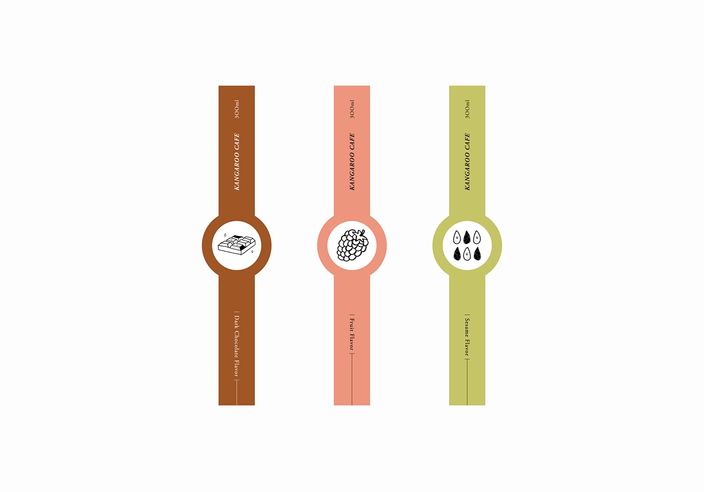 黑巧克力、水果風味、芝麻歐蕾三種不同的咖啡包裝設計